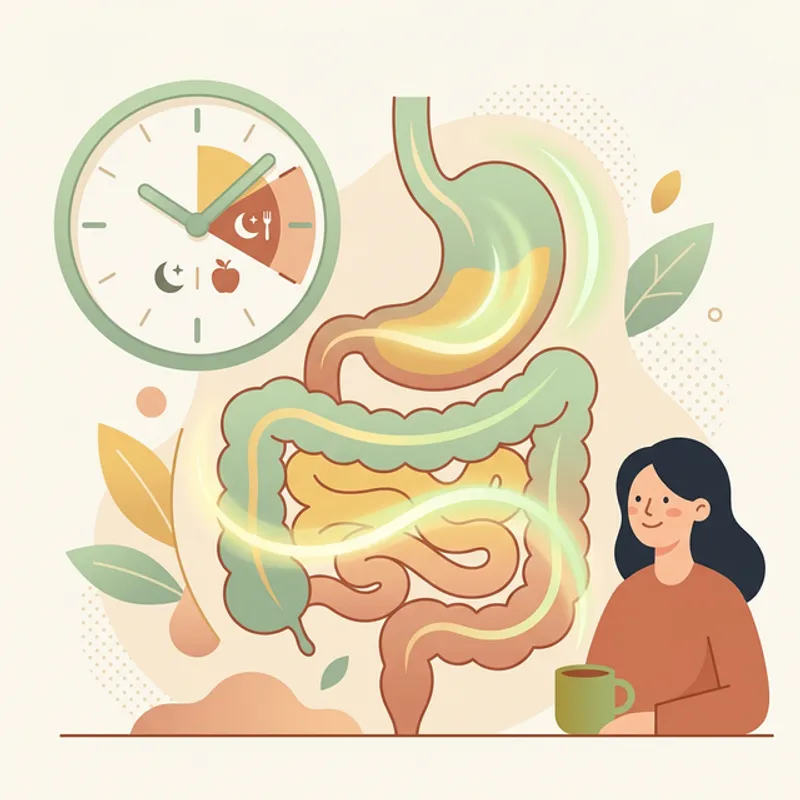 Ilustración del sistema digestivo con ondas de motilidad recorriendo el intestino delgado y un reloj que representa los periodos de ayuno entre comidas
